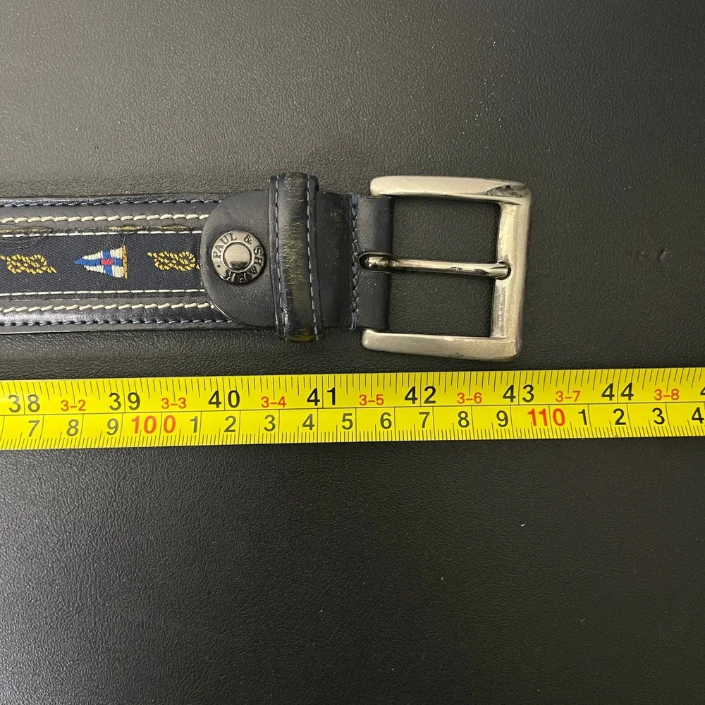 Paul & Shark Yachting Belt 95 38 Navy Blue Leather Nautical Flag Embroidered